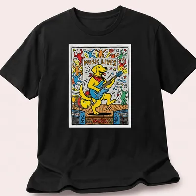 Pop art Golden Retriever playing guitar with 'MUSIC LIVES' text