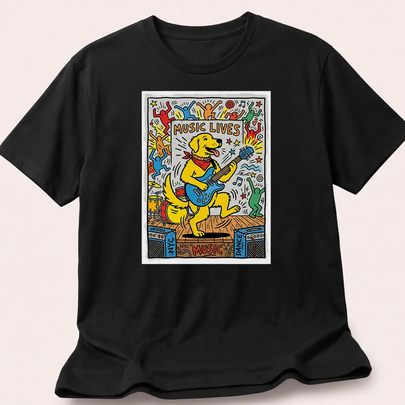Pop art Golden Retriever playing guitar with 'MUSIC LIVES' text — printed on a unisex t-shirt