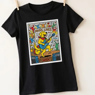 Pop art Golden Retriever playing guitar with 'MUSIC LIVES' text — printed on a women's shirt