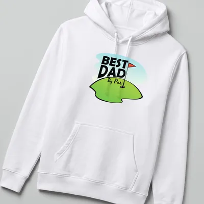 Cartoon design featuring a golf hole with a flag and text reading Best Dad By Par — printed on a unisex hoodie