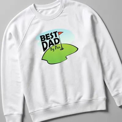 Cartoon design featuring a golf hole with a flag and text reading Best Dad By Par — printed on a unisex sweatshirt