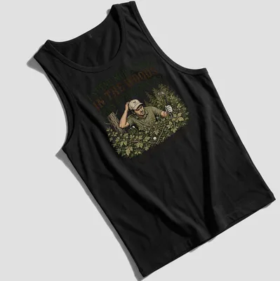 Vintage illustration of a golfer with humorous text about spending time in the woods — printed on a tank top