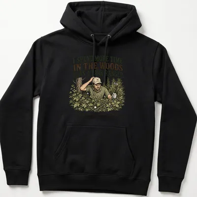 Vintage illustration of a golfer with humorous text about spending time in the woods — printed on a unisex hoodie