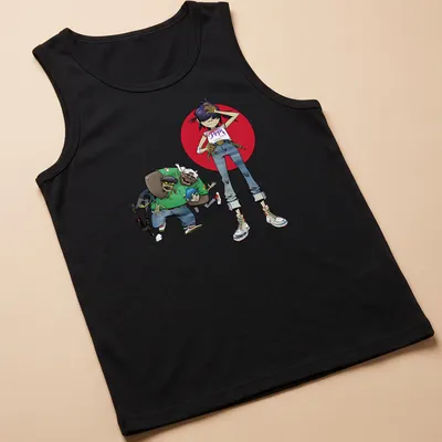 Colorful cartoon design of Gorillaz characters with text 'Four Face' — printed on a tank top