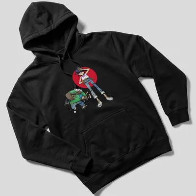 Colorful cartoon design of Gorillaz characters with text 'Four Face' — printed on a unisex hoodie