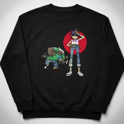 Colorful cartoon design of Gorillaz characters with text 'Four Face' — printed on a unisex sweatshirt