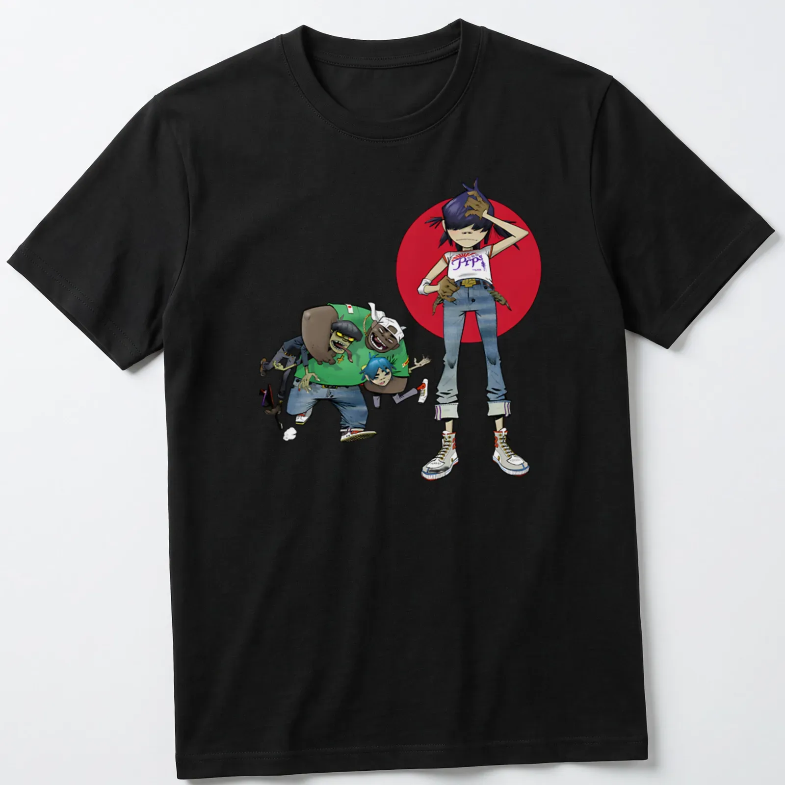 Colorful cartoon design of Gorillaz characters with text 'Four Face' — printed on a unisex t-shirt