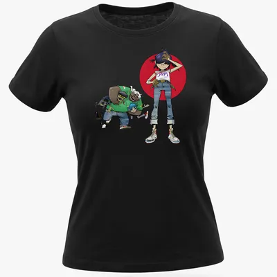 Colorful cartoon design of Gorillaz characters with text 'Four Face' — printed on a women's shirt