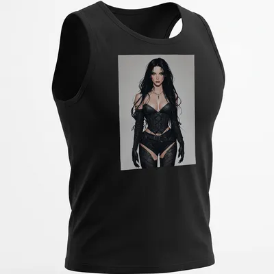 Illustration of a gothic corset warrior in black leather with skin tones and gray accents — printed on a tank top