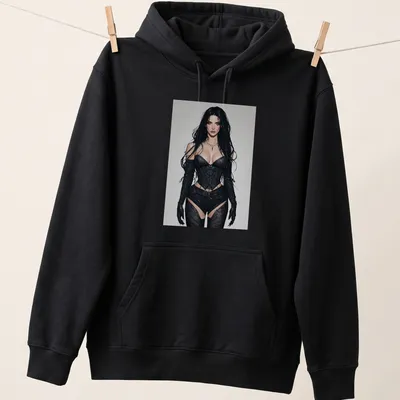 Illustration of a gothic corset warrior in black leather with skin tones and gray accents — printed on a unisex hoodie