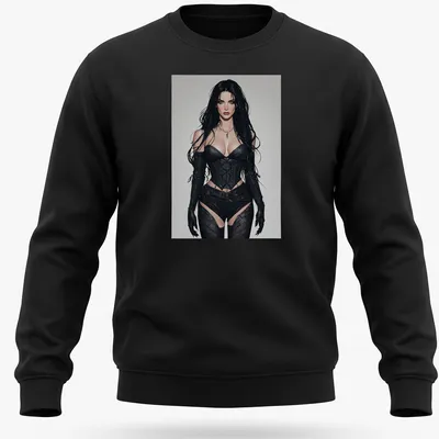 Illustration of a gothic corset warrior in black leather with skin tones and gray accents — printed on a unisex sweatshirt