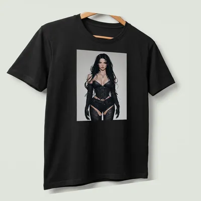 Illustration of a gothic corset warrior in black leather with skin tones and gray accents — printed on a unisex t-shirt (angled view)