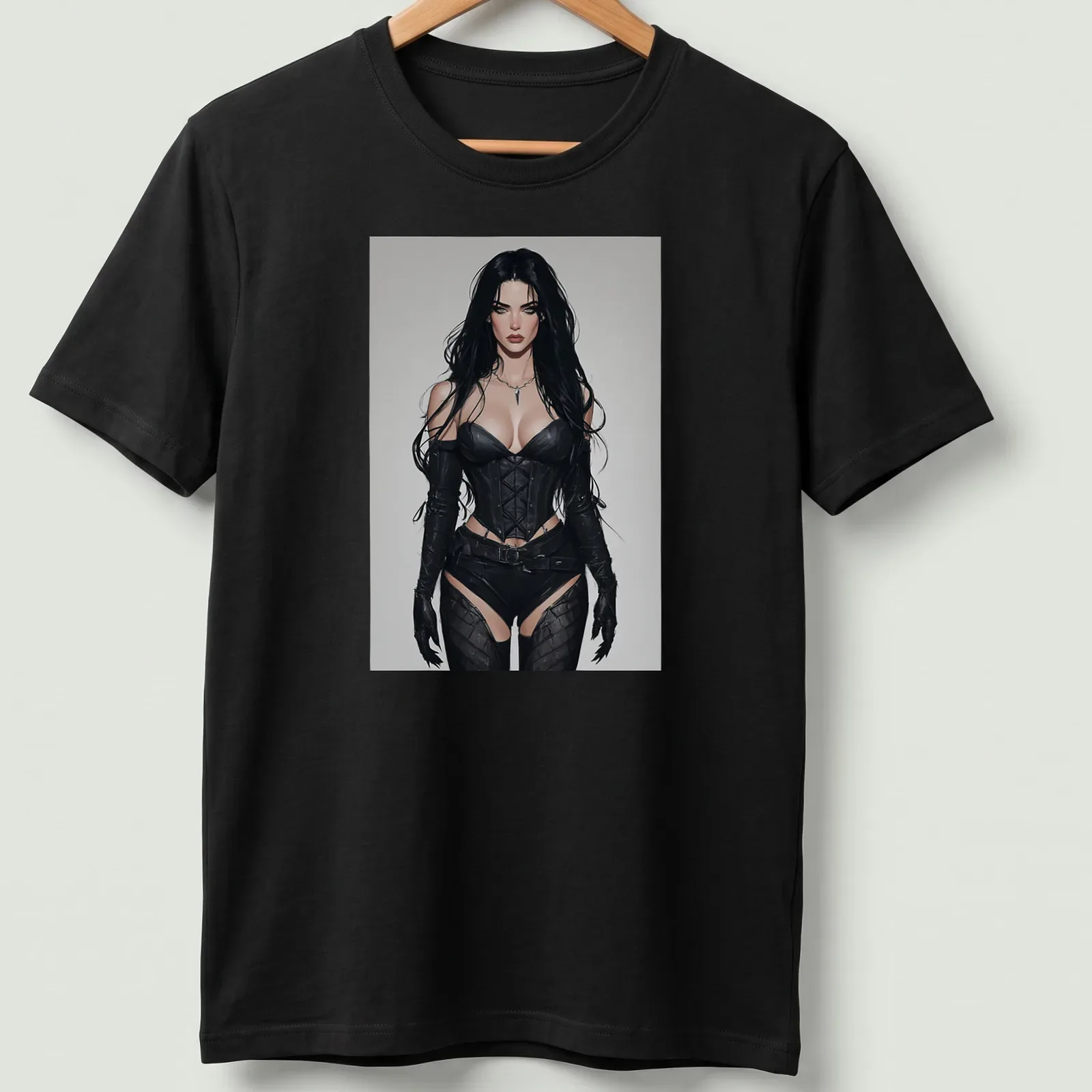 Illustration of a gothic corset warrior in black leather with skin tones and gray accents — printed on a unisex t-shirt