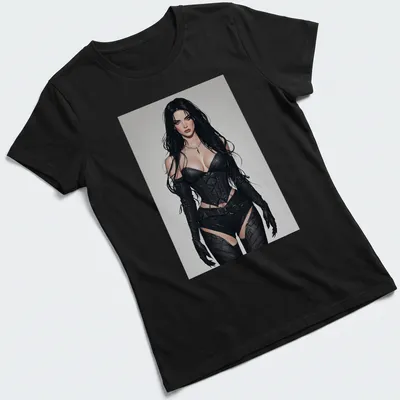 Illustration of a gothic corset warrior in black leather with skin tones and gray accents — printed on a women's shirt
