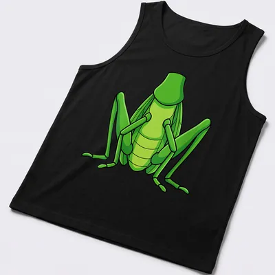 Cartoon grasshopper graphic in green on a Halloween-themed — printed on a tank top
