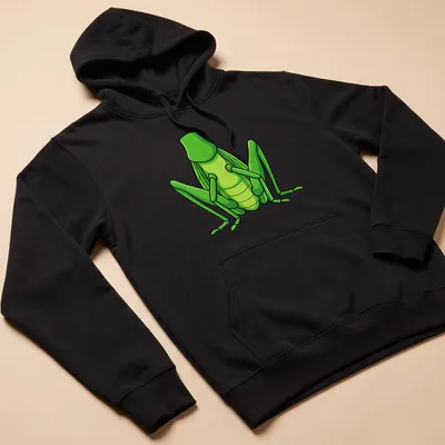 Cartoon grasshopper graphic in green on a Halloween-themed — printed on a unisex hoodie