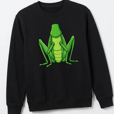 Cartoon grasshopper graphic in green on a Halloween-themed — printed on a unisex sweatshirt