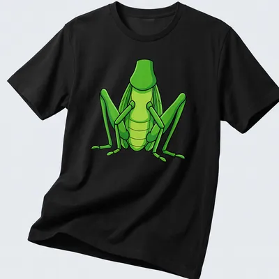 Cartoon grasshopper graphic in green on a Halloween-themed t-shirt