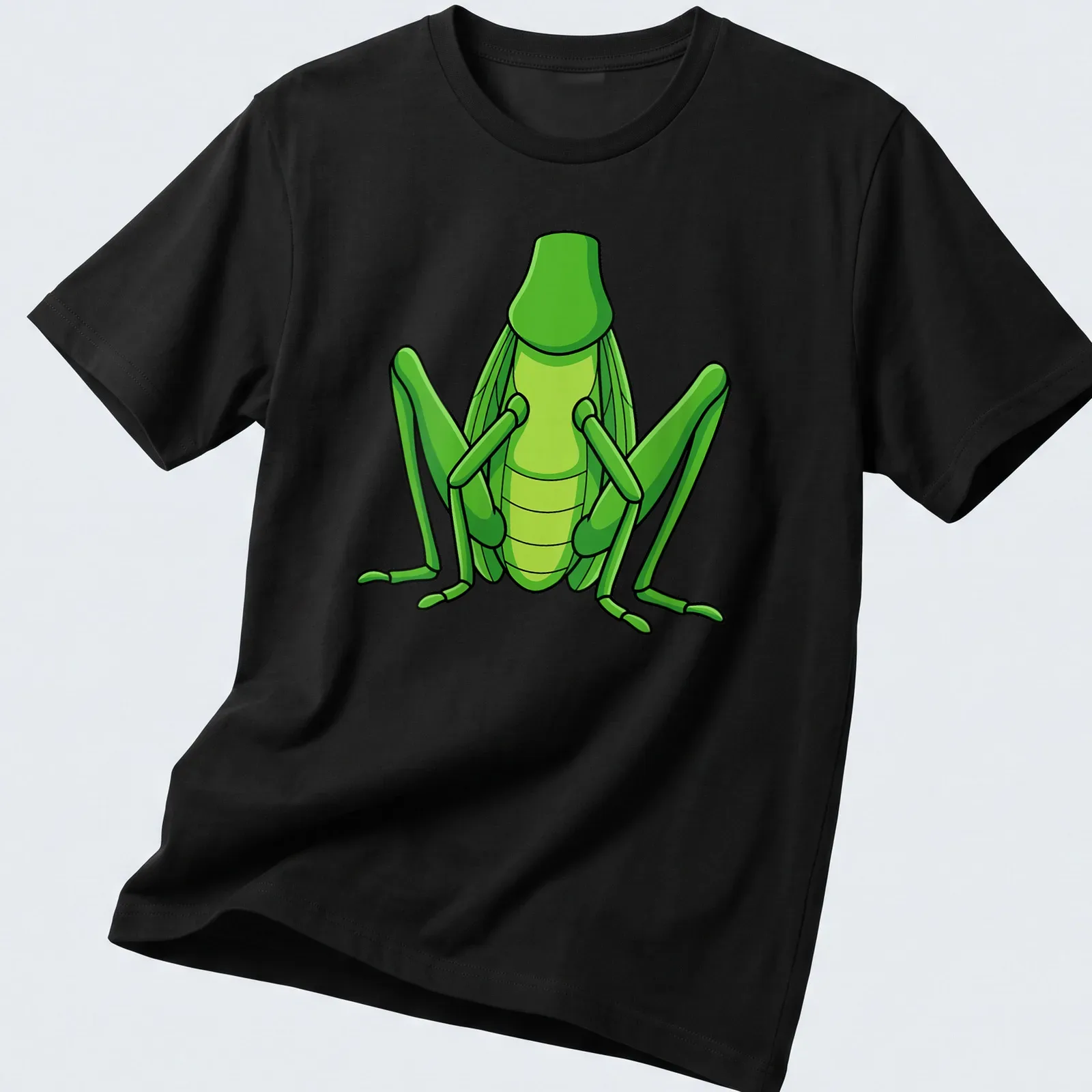 Cartoon grasshopper graphic in green on a Halloween-themed — printed on a unisex t-shirt