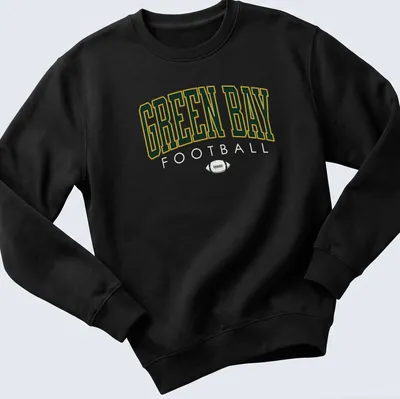 Retro Green Bay Football t-shirt with bold lettering in green, gold, and white — printed on a unisex sweatshirt