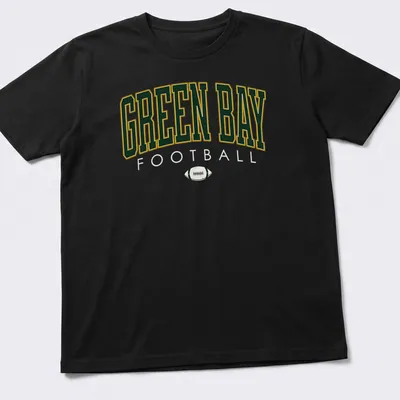 Retro Green Bay Football t-shirt with bold lettering in green, gold, and white