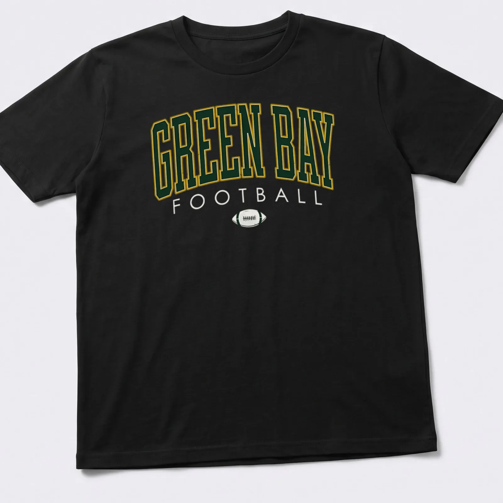 Retro Green Bay Football t-shirt with bold lettering in green, gold, and white — printed on a unisex t-shirt