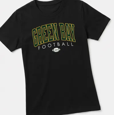 Retro Green Bay Football t-shirt with bold lettering in green, gold, and white — printed on a women's shirt
