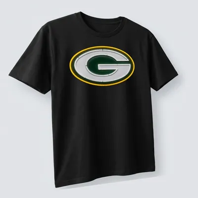 Neon Green Bay Packers logo t-shirt in green, white, and yellow — printed on a unisex t-shirt (angled view)