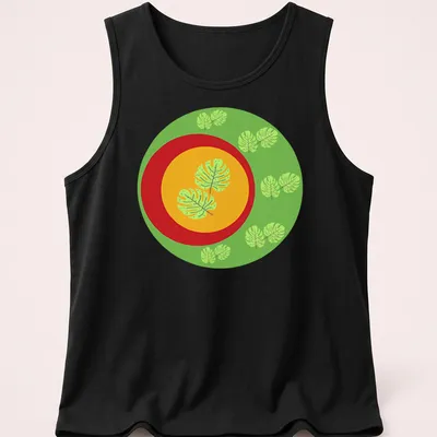 Flat design t-shirt featuring Monstera leaves in green, yellow, and red — printed on a tank top