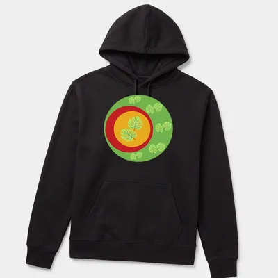 Flat design t-shirt featuring Monstera leaves in green, yellow, and red — printed on a unisex hoodie
