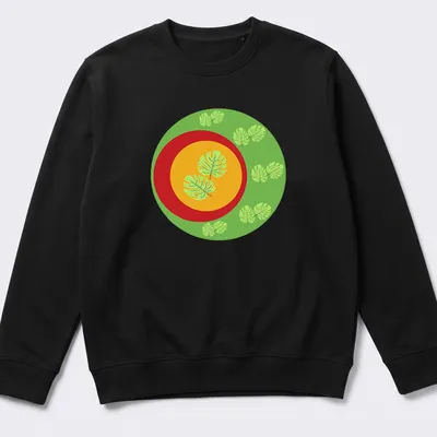 Flat design t-shirt featuring Monstera leaves in green, yellow, and red — printed on a unisex sweatshirt