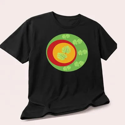 Flat design t-shirt featuring Monstera leaves in green, yellow, and red — printed on a unisex t-shirt (angled view)