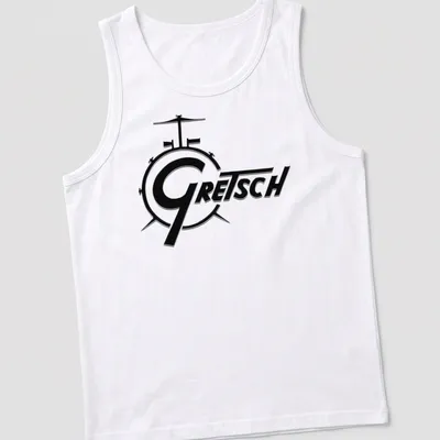 Bold Gretsch logo graphic t-shirt featuring a drum kit illustration in black and white — printed on a tank top