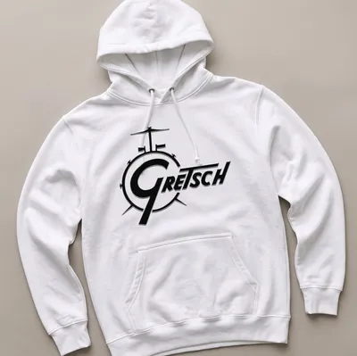 Bold Gretsch logo graphic t-shirt featuring a drum kit illustration in black and white — printed on a unisex hoodie