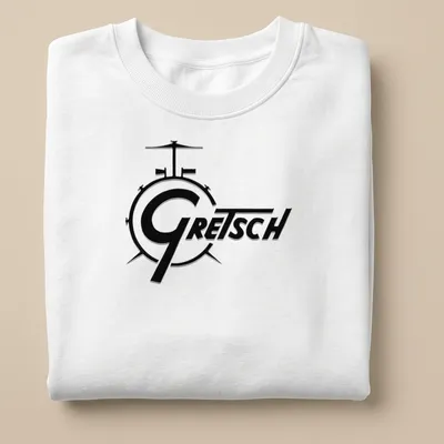 Bold Gretsch logo graphic t-shirt featuring a drum kit illustration in black and white — printed on a unisex sweatshirt