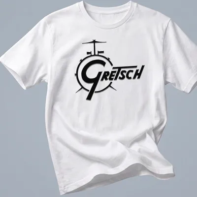 Bold Gretsch logo graphic t-shirt featuring a drum kit illustration in black and white