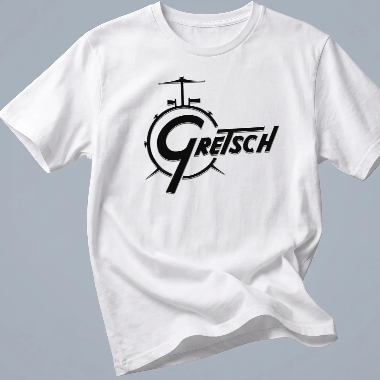 Bold Gretsch logo graphic t-shirt featuring a drum kit illustration in black and white — printed on a unisex t-shirt