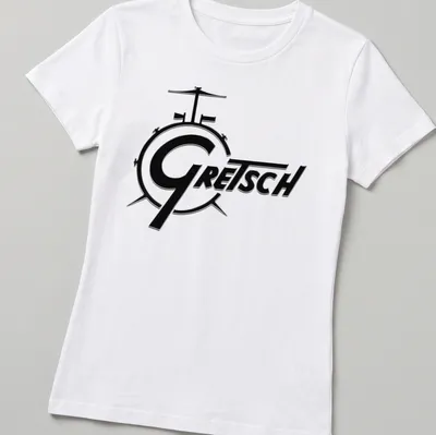 Bold Gretsch logo graphic t-shirt featuring a drum kit illustration in black and white — printed on a women's shirt