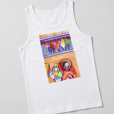 Colorful sketch of grilled skewers and assorted dishes on — printed on a tank top