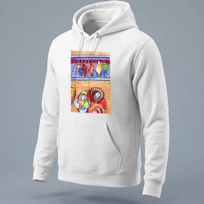 Colorful sketch of grilled skewers and assorted dishes on — printed on a unisex hoodie