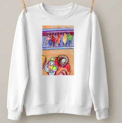 Colorful sketch of grilled skewers and assorted dishes on — printed on a unisex sweatshirt
