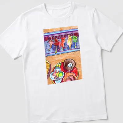 Colorful sketch of grilled skewers and assorted dishes on T-shirt