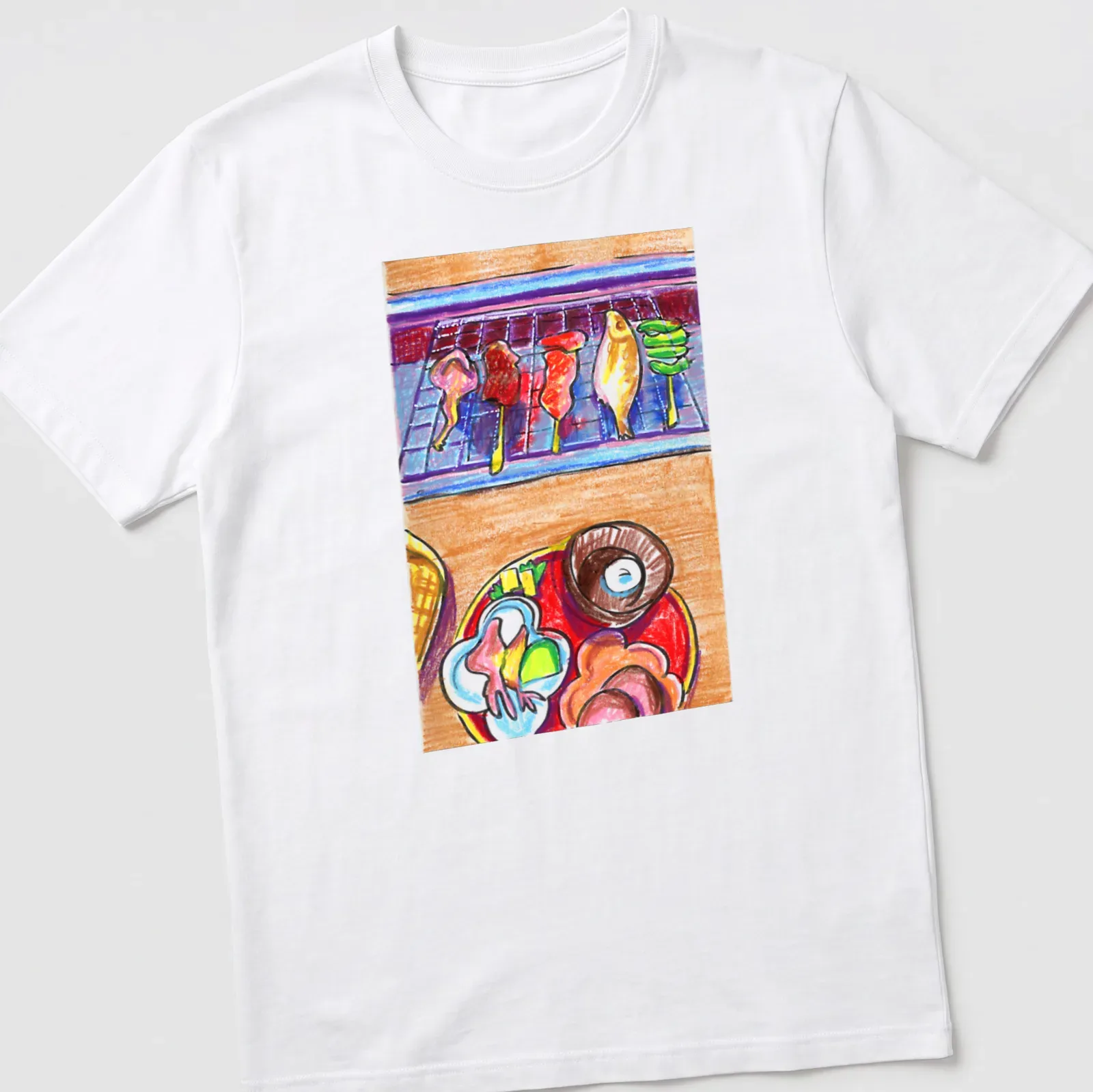 Colorful sketch of grilled skewers and assorted dishes on — printed on a unisex t-shirt