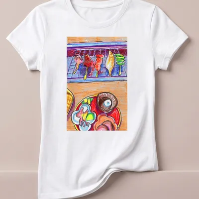 Colorful sketch of grilled skewers and assorted dishes on — printed on a women's shirt