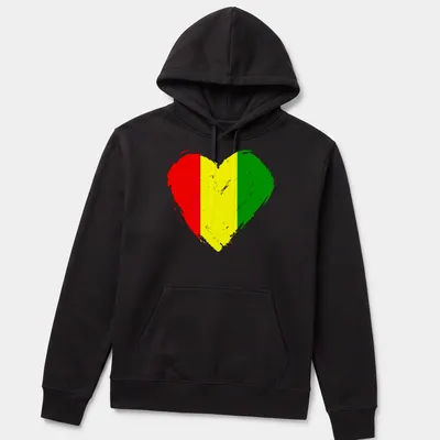 Distressed Guinea flag heart design in red, yellow, and green — printed on a unisex hoodie