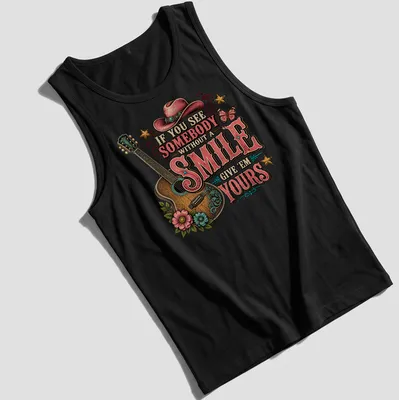 Vintage western shirt with a guitar and flowers, featuring a positive message about smiles. — printed on a tank top