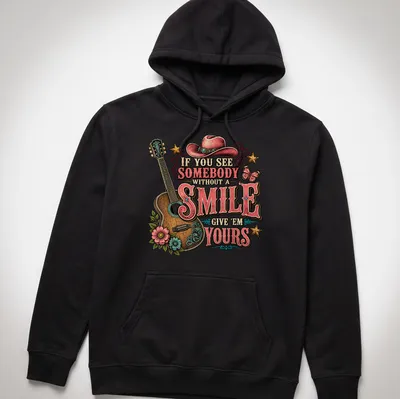 Vintage western shirt with a guitar and flowers, featuring a positive message about smiles. — printed on a unisex hoodie