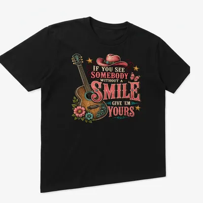 Vintage western shirt with a guitar and flowers, featuring a positive message about smiles. — printed on a unisex t-shirt (angled view)