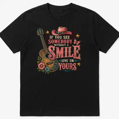 Vintage western shirt with a guitar and flowers, featuring a positive message about smiles.