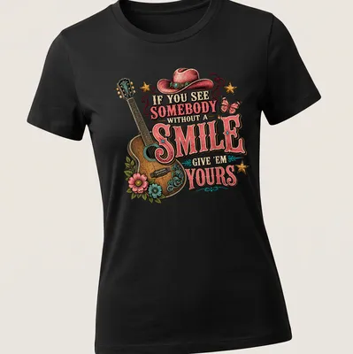 Vintage western shirt with a guitar and flowers, featuring a positive message about smiles. — printed on a women's shirt